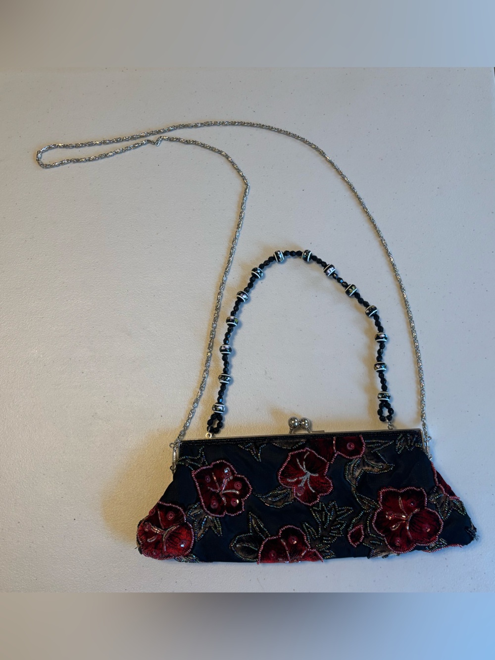 Hand Beaded Black & Red Floral Clutch Handbag w/2 foldable straps to choose from